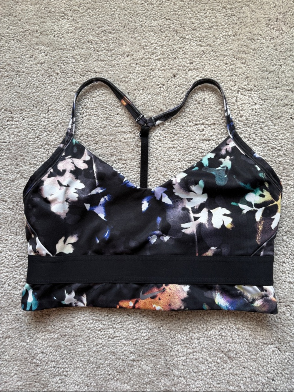 Nike Dri Fit Indy Floral Black Multicolor Floral Racerback Sports Bra